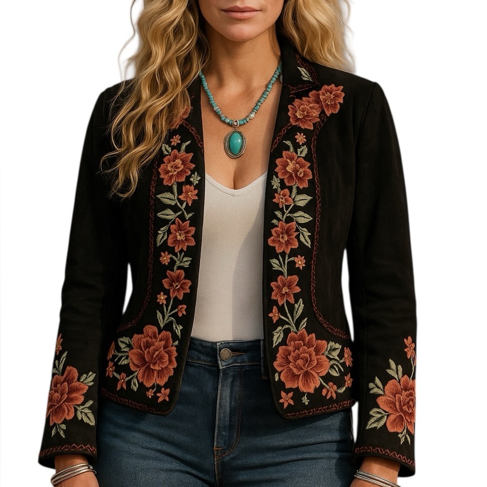 Double D Ranch Twila Black Suede/LeatherJacket with Red Floral Embroidery - Picture 10 of 12